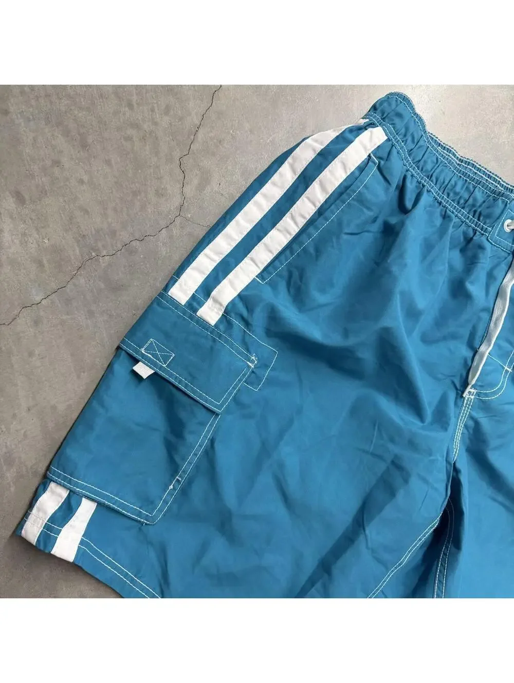 2000's Men's Kam Teal and White Striped Outdoors Bathing Suit Sized Large